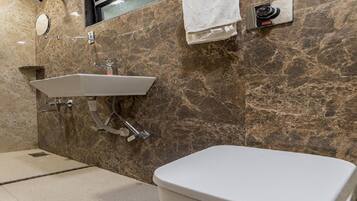 A bathroom with a white sink, a toilet, and a shower head.