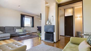 Apartamento, 4 habitaciones | Sala de estar | Una televisión de pantalla plana, una chimenea, un reproductor de DVD