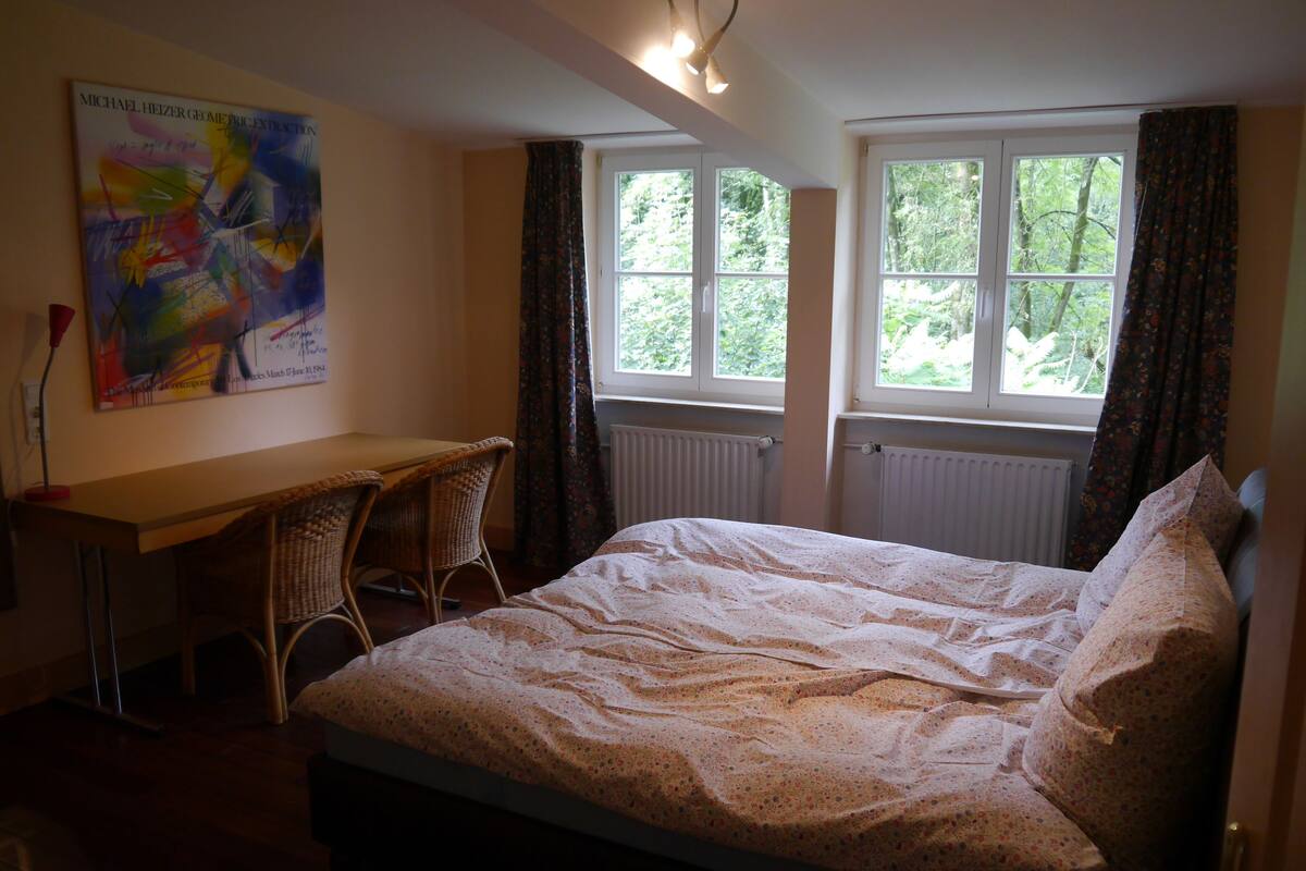 Ein Schlafzimmer mit einem Bett, einem Schreibtisch und einem Sessel. Zwei Fenster mit Vorhängen sind vorhanden.