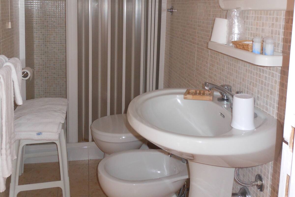 Een badkamer met een douche, twee toiletten, een wastafel en een spiegel.