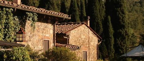 A rustic stone building with a tiled roof, surrounded by greenery and tall trees.
