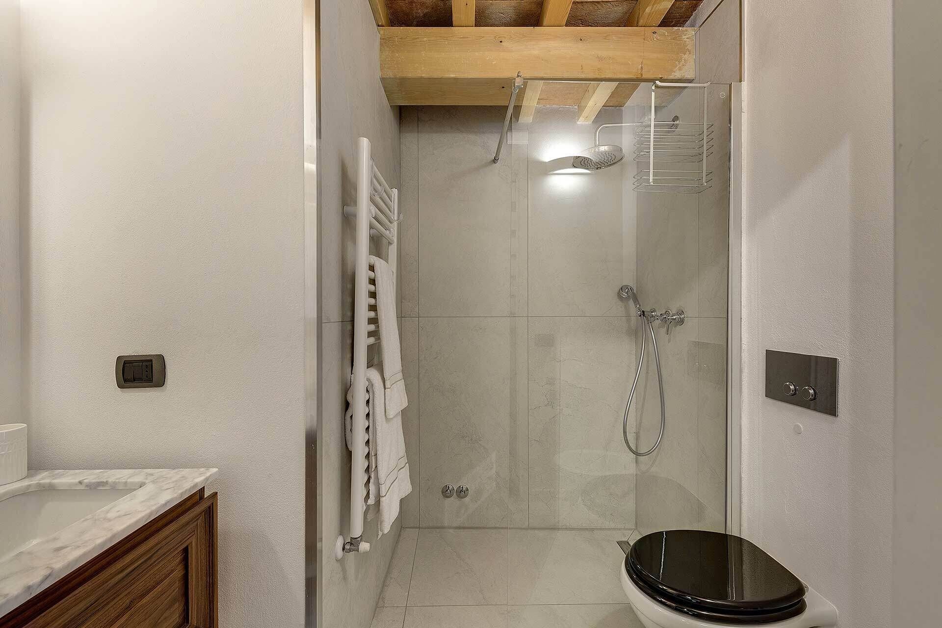 A modern bathroom with a glass-enclosed shower, a toilet, and a towel rack.