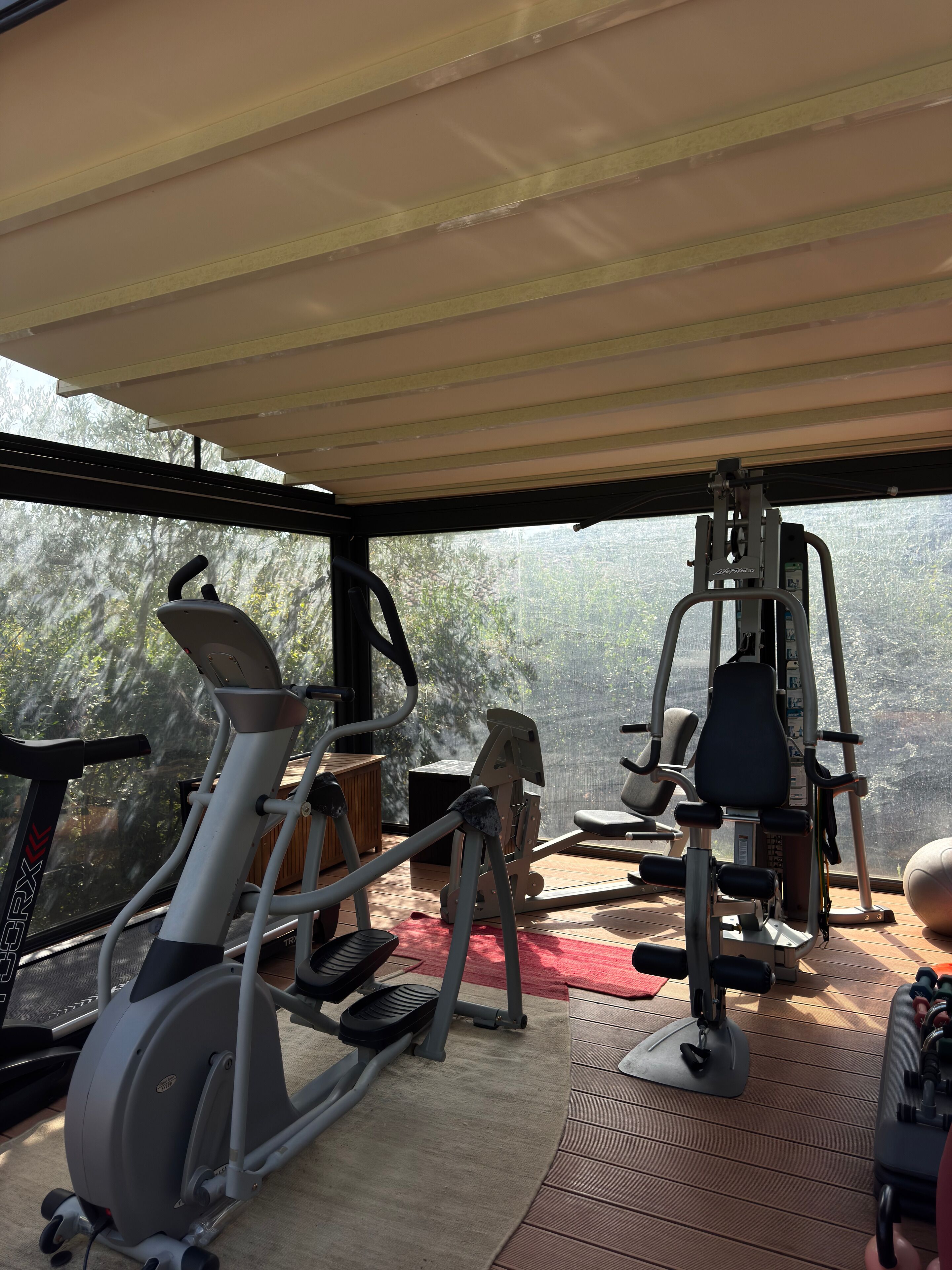 A gym with exercise equipment, including an elliptical and a leg press machine, under a covered area with a view of trees outside.