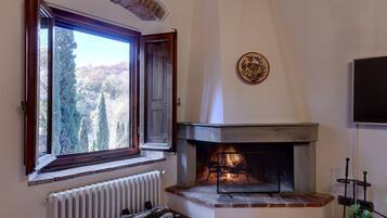 A cozy room with a fireplace, a window with a view of trees, a radiator, and a decorative plate on the wall.