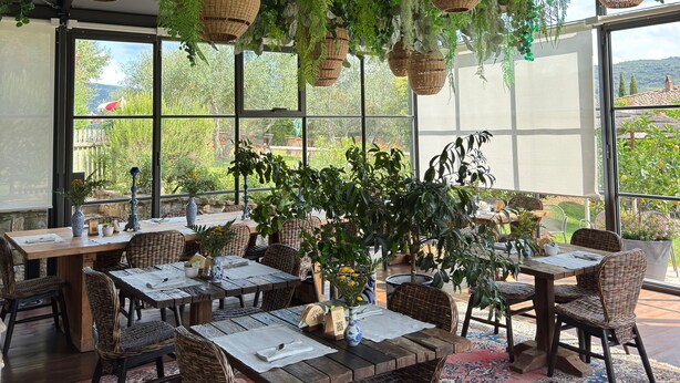 A restaurant with hanging baskets of greenery, wicker furniture, and a view of the outdoors. - Terre di Baccio (Greve in Chianti)
