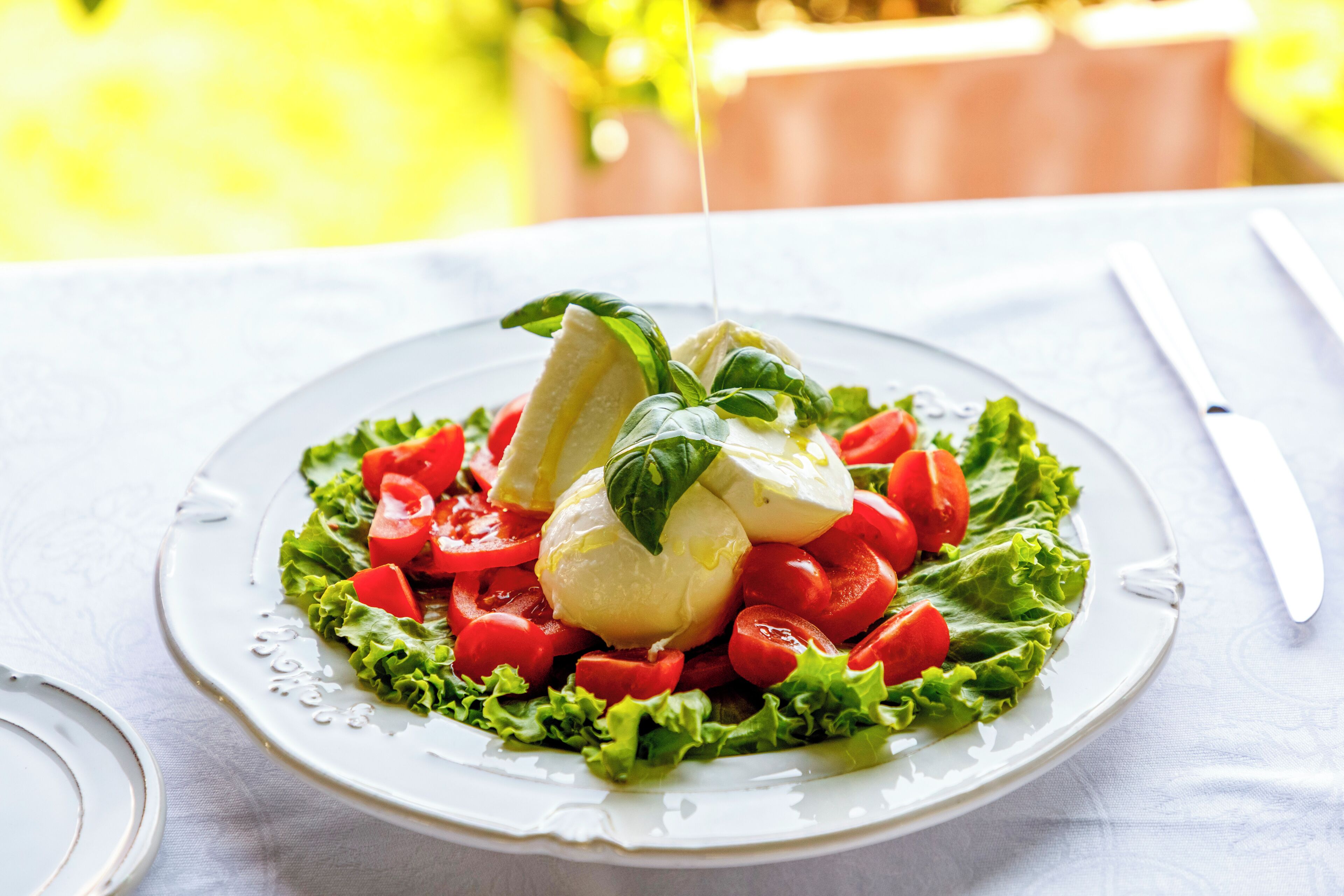 Une assiette de nourriture contenant des tomates, de la laitue et un œuf dur, avec un couteau et une fourchette posés sur la table.