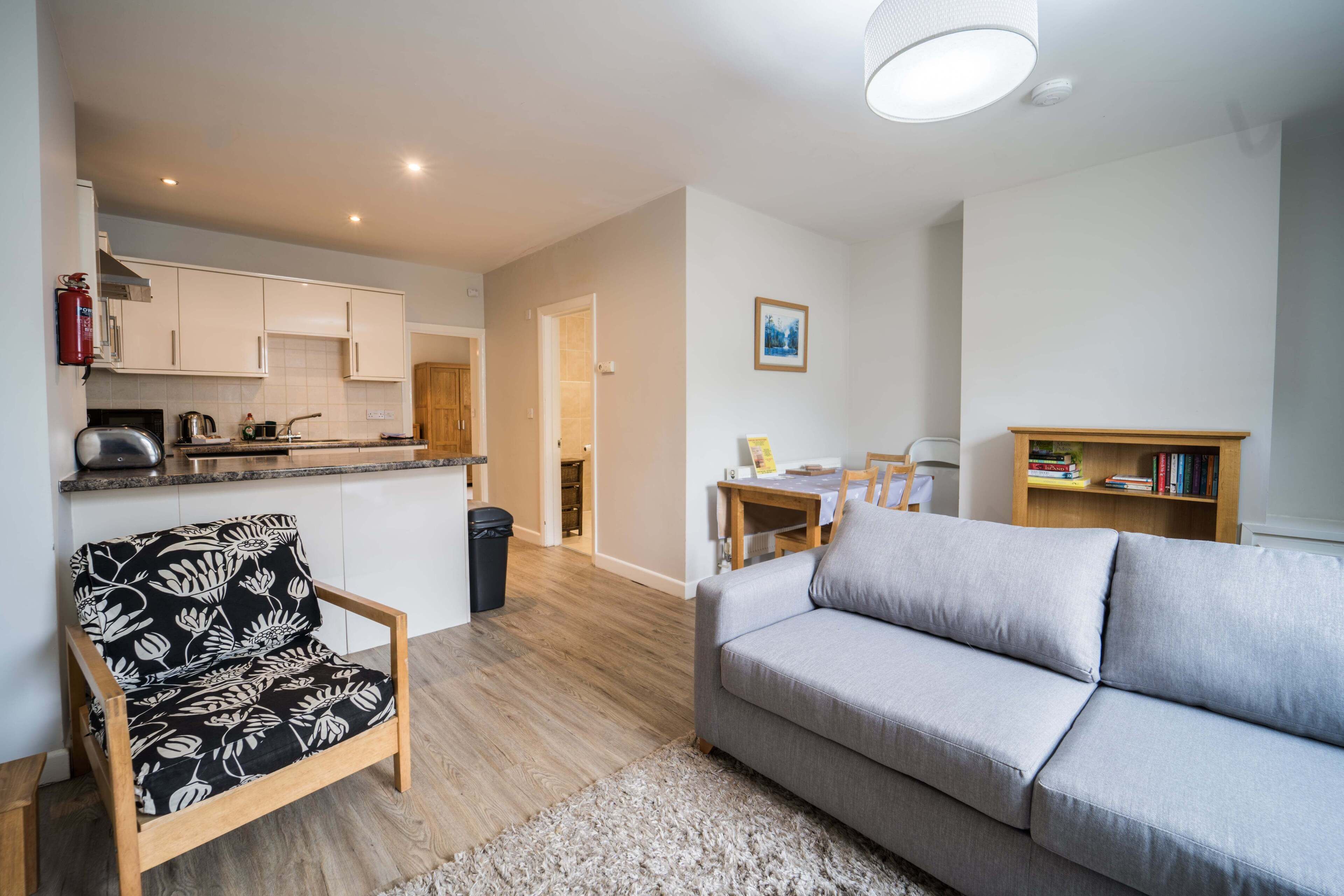 A modern living room with a grey sofa, a black and white floral armchair, a wooden bookshelf, and a kitchen area with white cabinets and a fire extinguisher.
