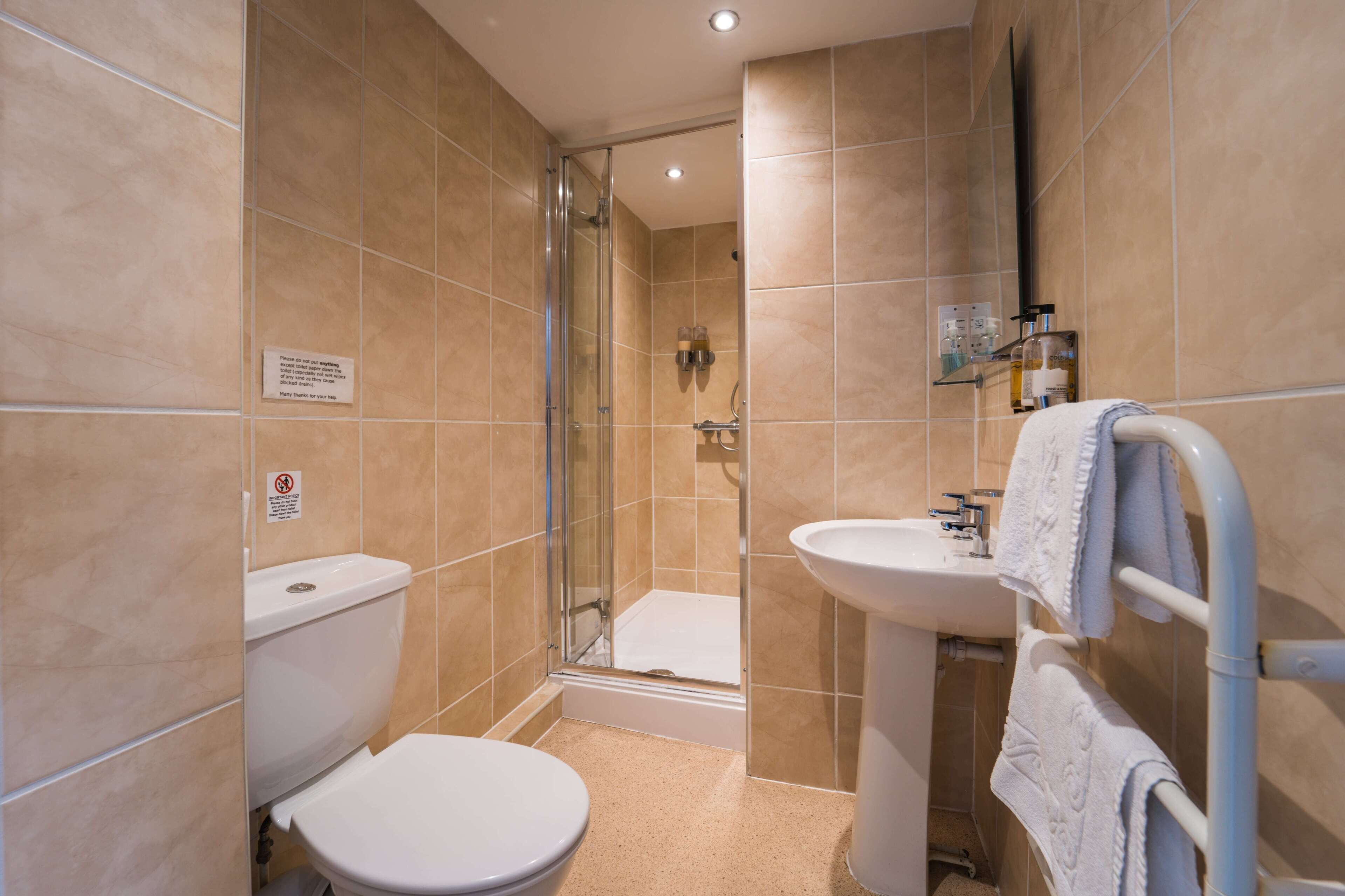 A bathroom with a toilet, sink, shower, and glass-enclosed shower stall.