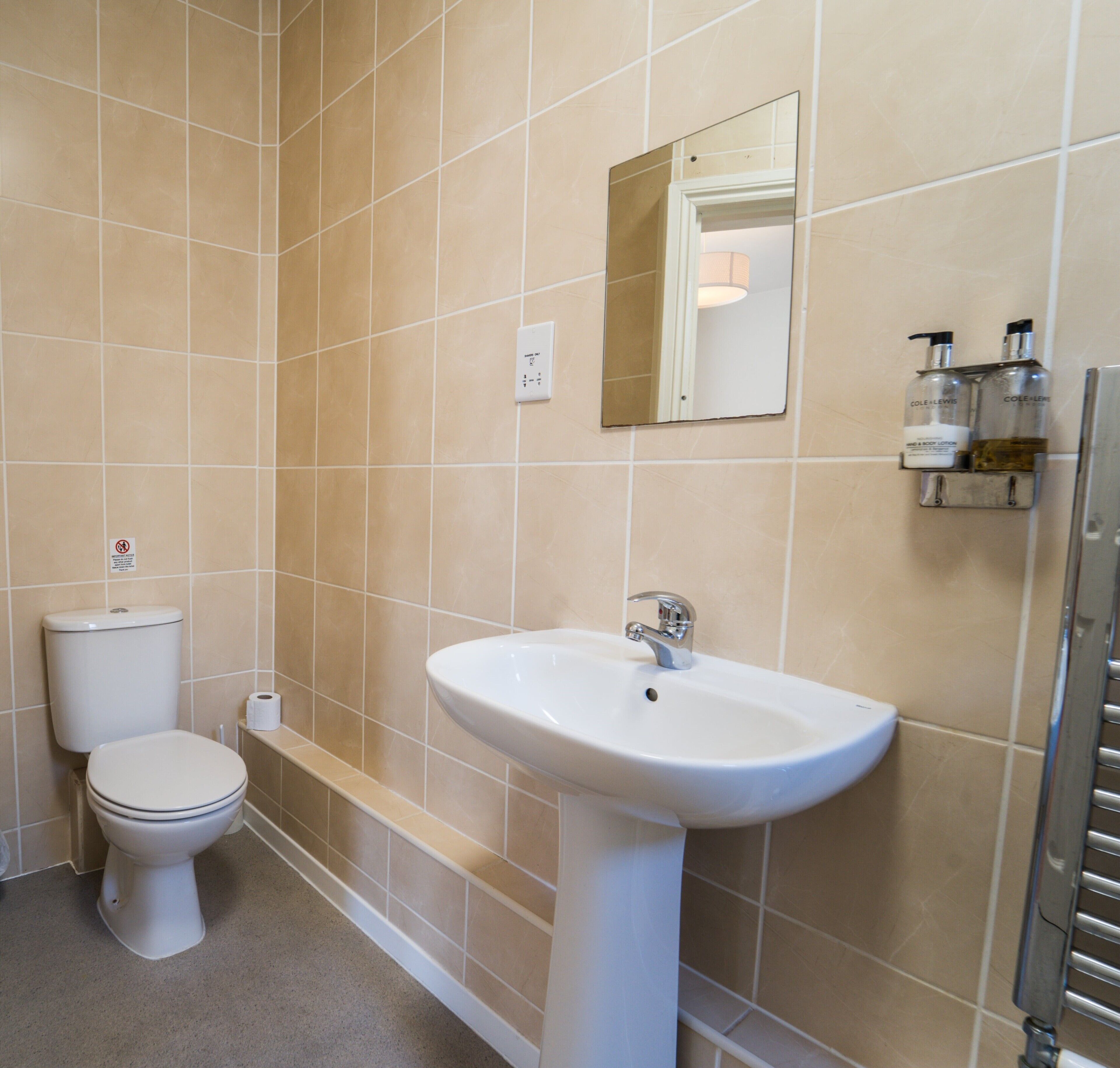 A bathroom with a toilet, sink, and mirror.