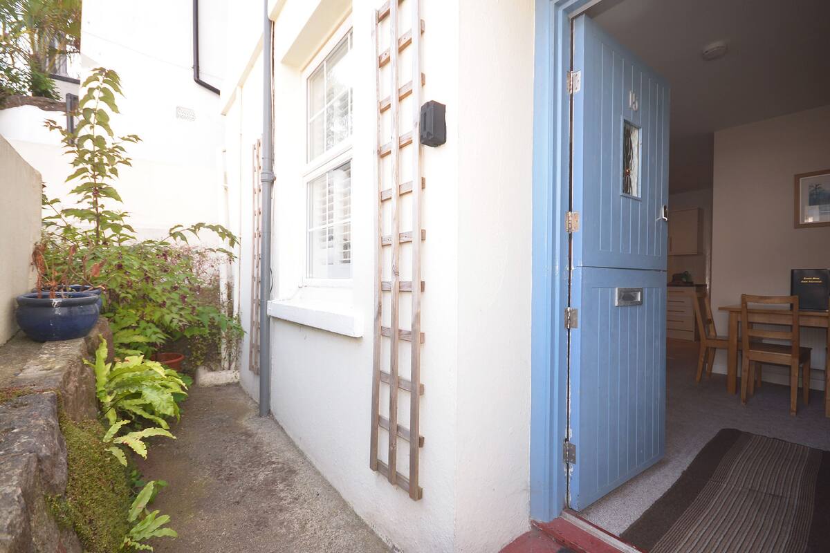 A narrow alleyway with a blue door, a window with a wooden ladder, and a potted plant on the left.