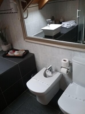 Une salle de bain moderne avec des toilettes blanches, un bidet et un lavabo. Un miroir est placé au-dessus du lavabo, et un porte-serviettes est muni de serviettes.