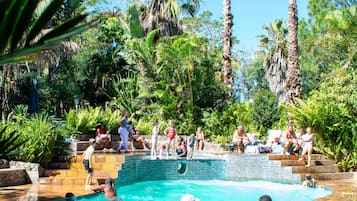 Una piscina al aire libre, sillones reclinables de piscina