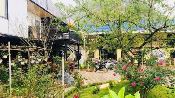 A garden with potted plants, a staircase, and a scooter. - Homestay Discovery Sapa (Sa Pa)
