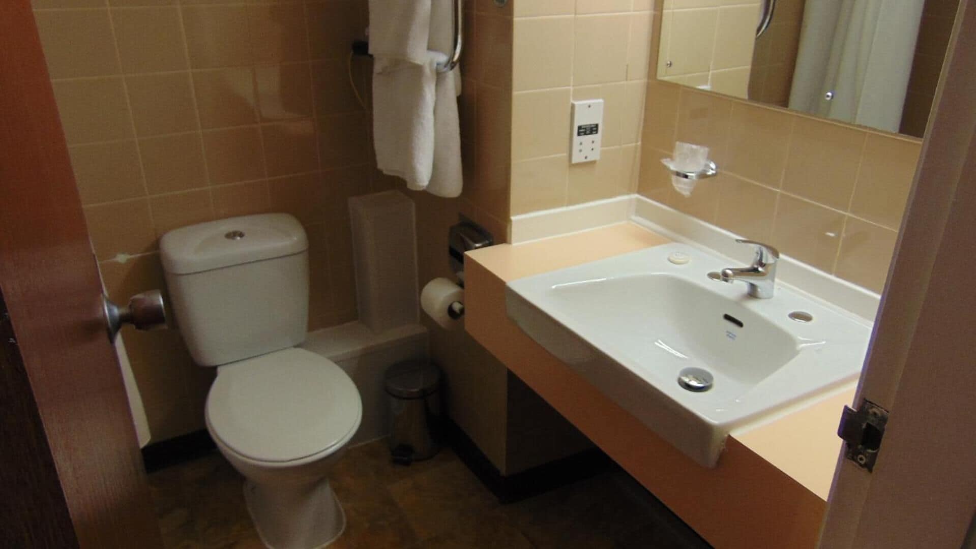 A small bathroom with a toilet, sink, and mirror.