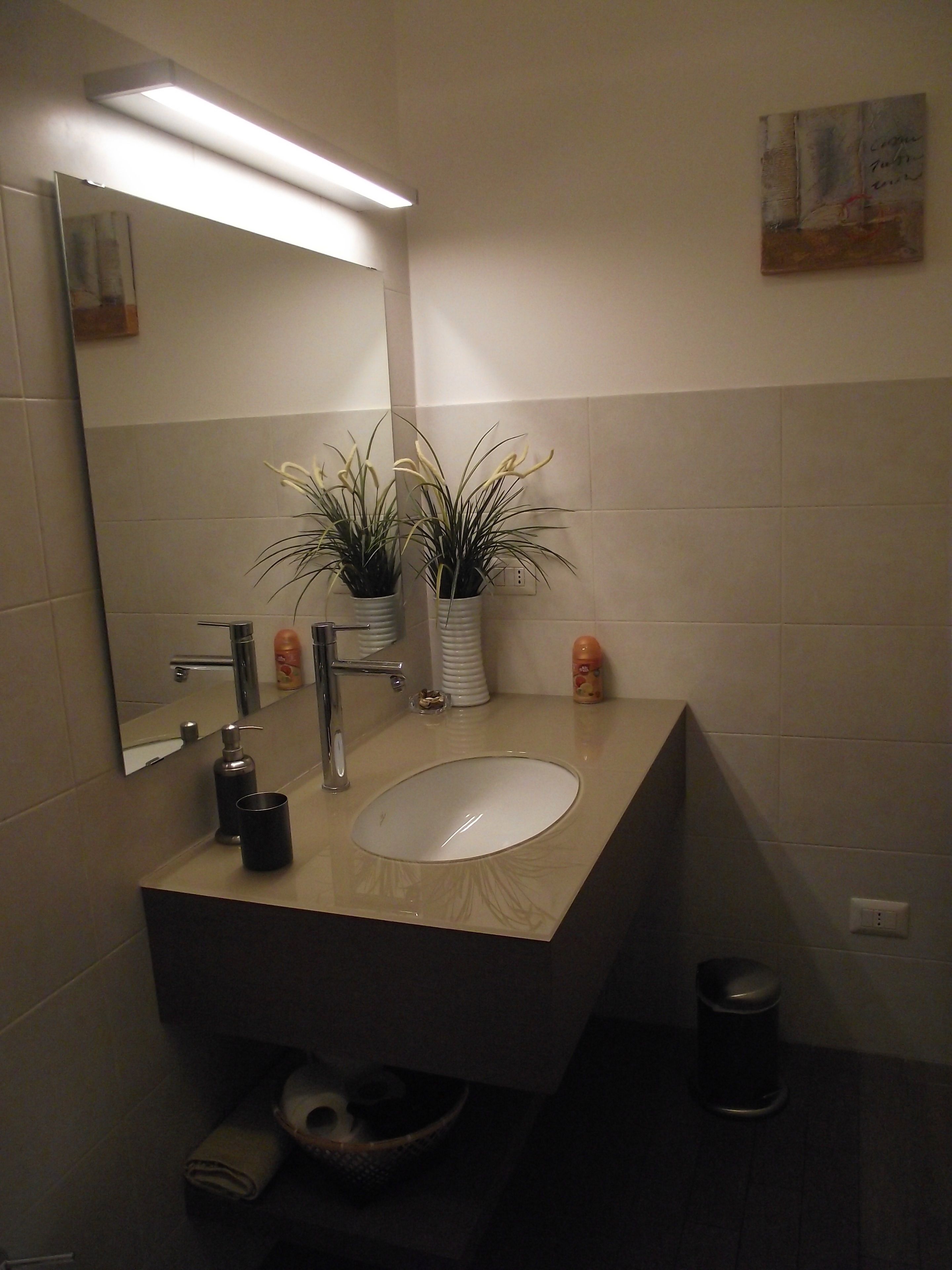 A modern bathroom with a large mirror, a sink, two potted plants, and a trash can.