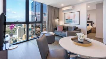 Premium bedding, desk, blackout curtains, soundproofing