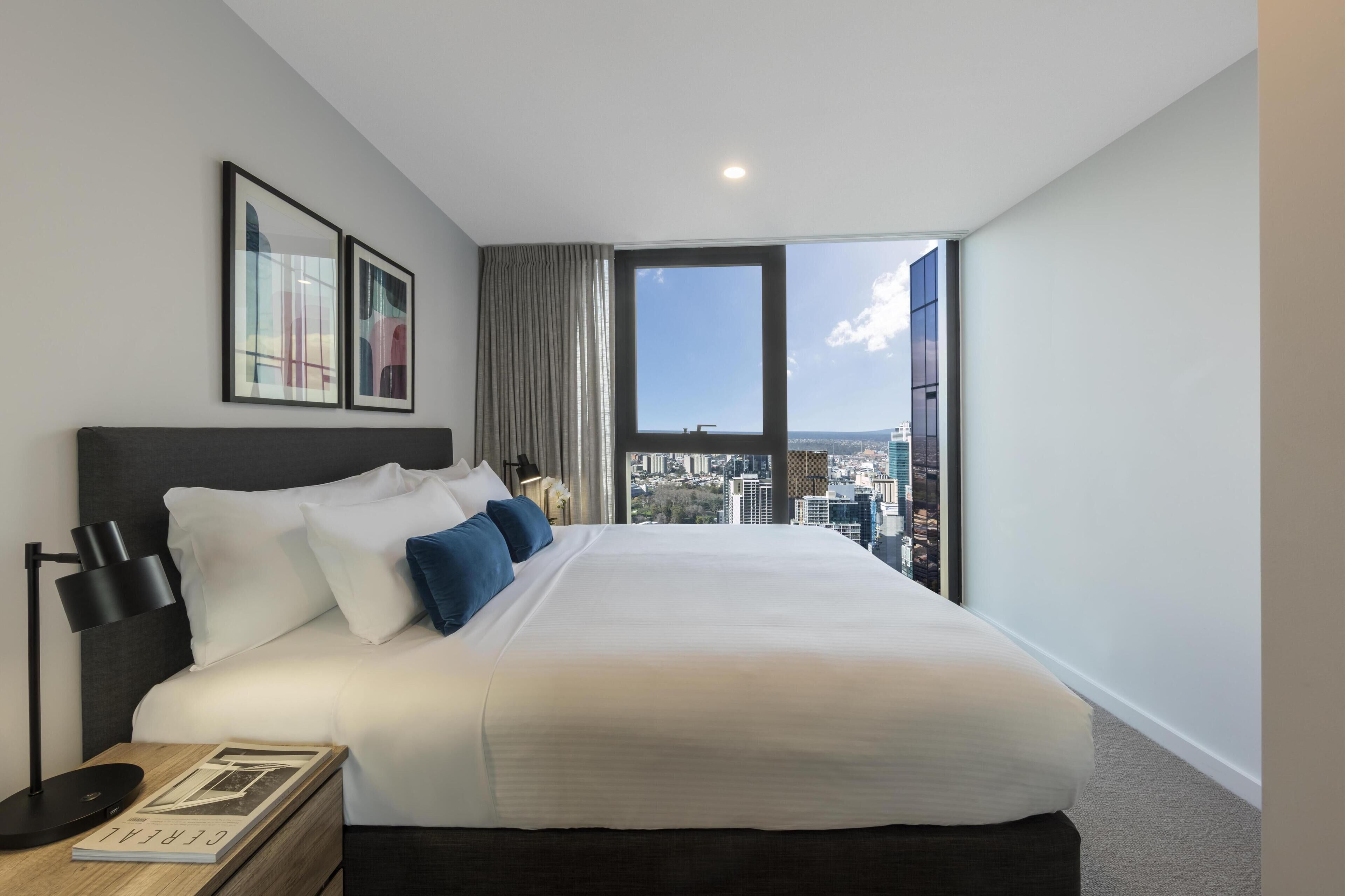 Premium bedding, desk, blackout curtains, soundproofing