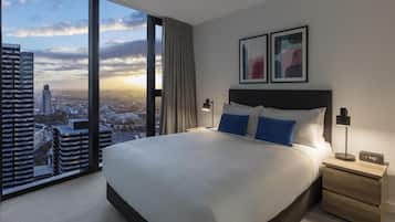 Premium bedding, desk, blackout curtains, soundproofing