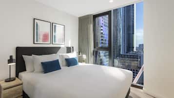 Premium bedding, desk, blackout curtains, soundproofing