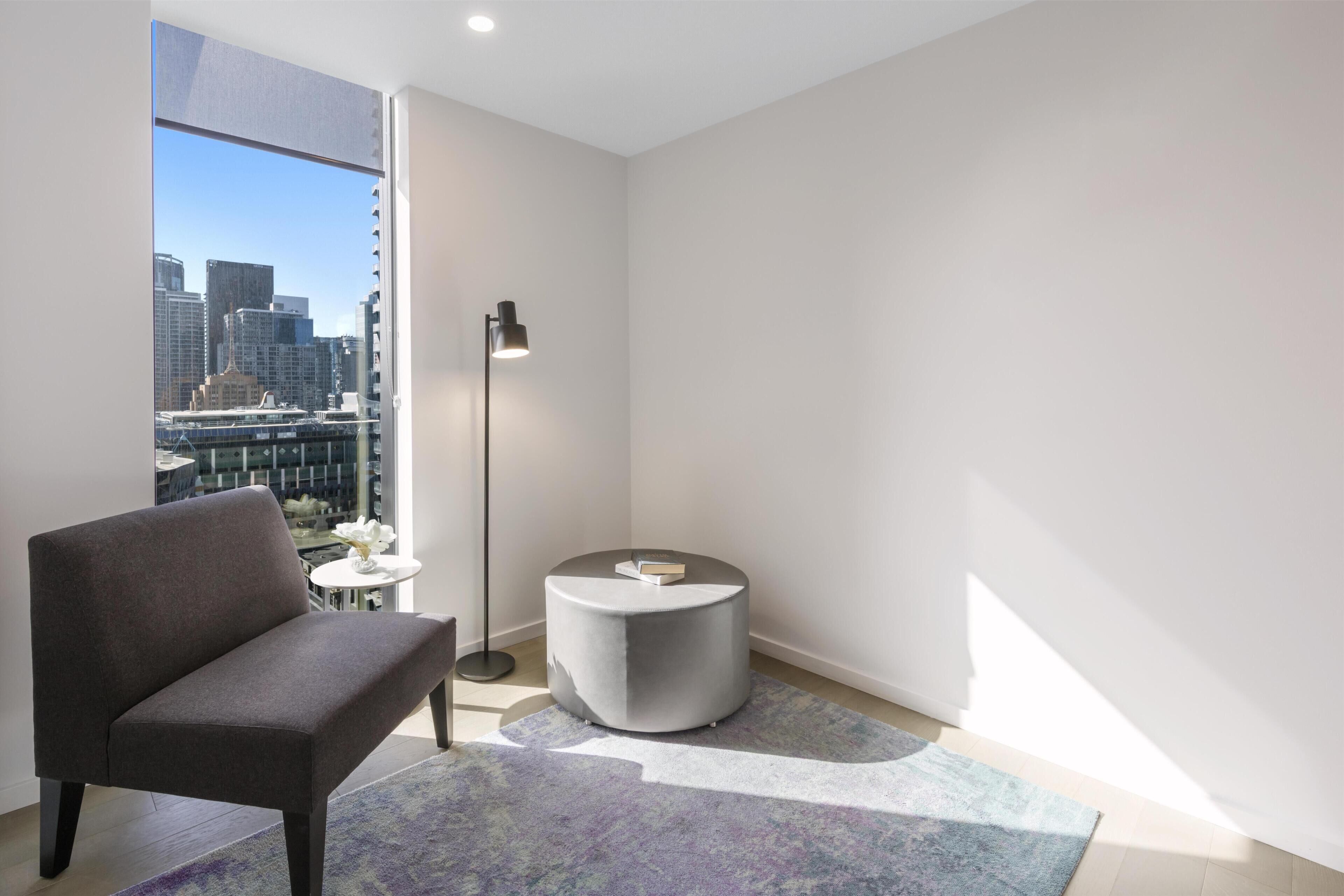 Premium bedding, desk, blackout curtains, soundproofing