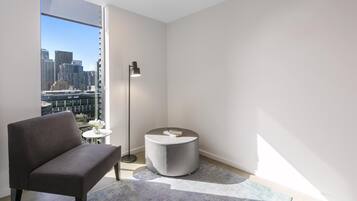 Premium bedding, desk, blackout curtains, soundproofing