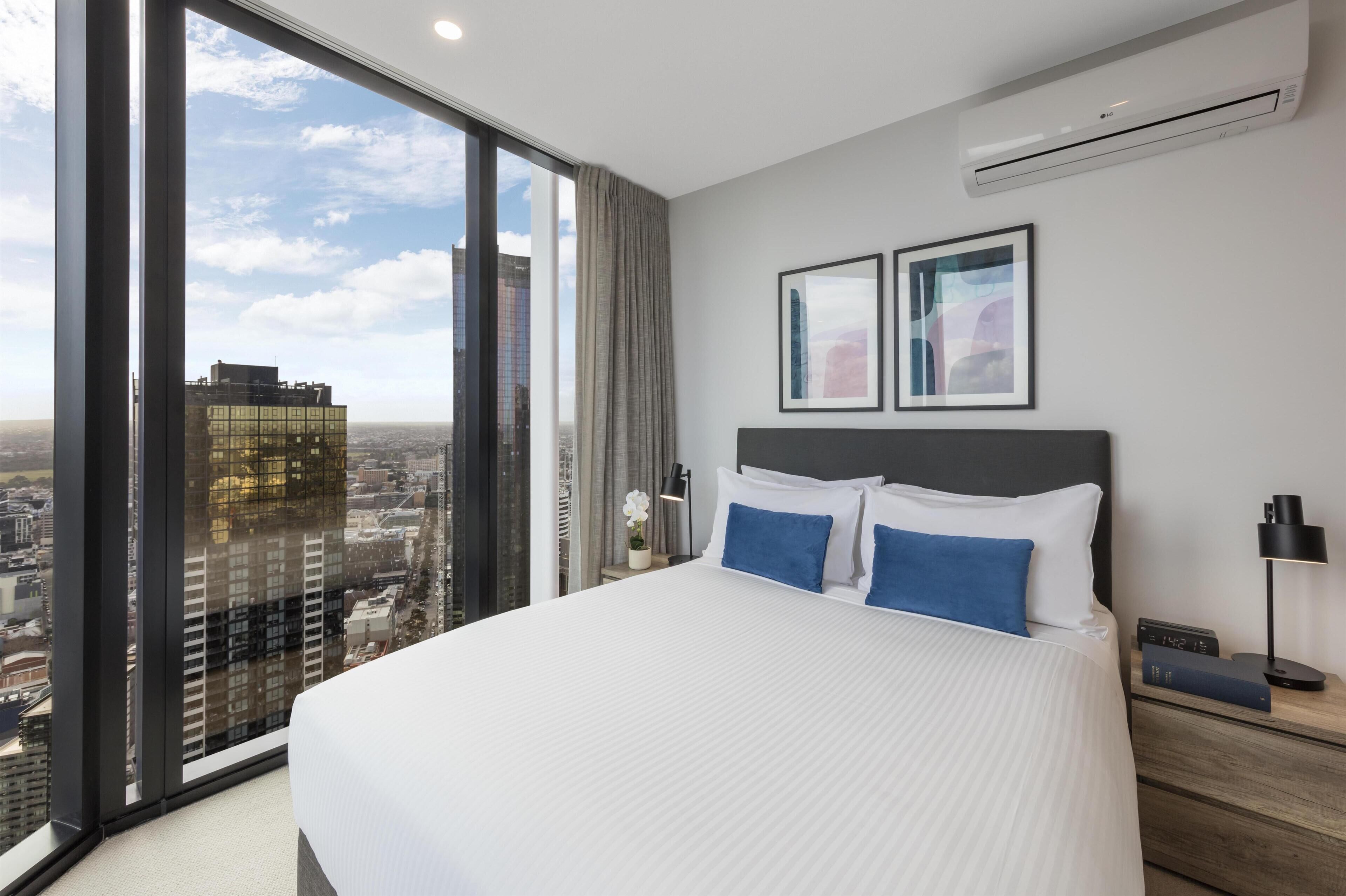 Premium bedding, desk, blackout drapes, soundproofing
