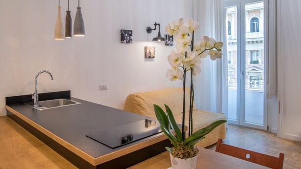 A modern kitchen with a black countertop, stainless steel sink, and pendant lights. There is a beige sofa and a potted orchid plant. - Napoliamo Guest House (Naples)