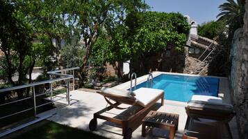Outdoor pool, pool umbrellas, pool loungers