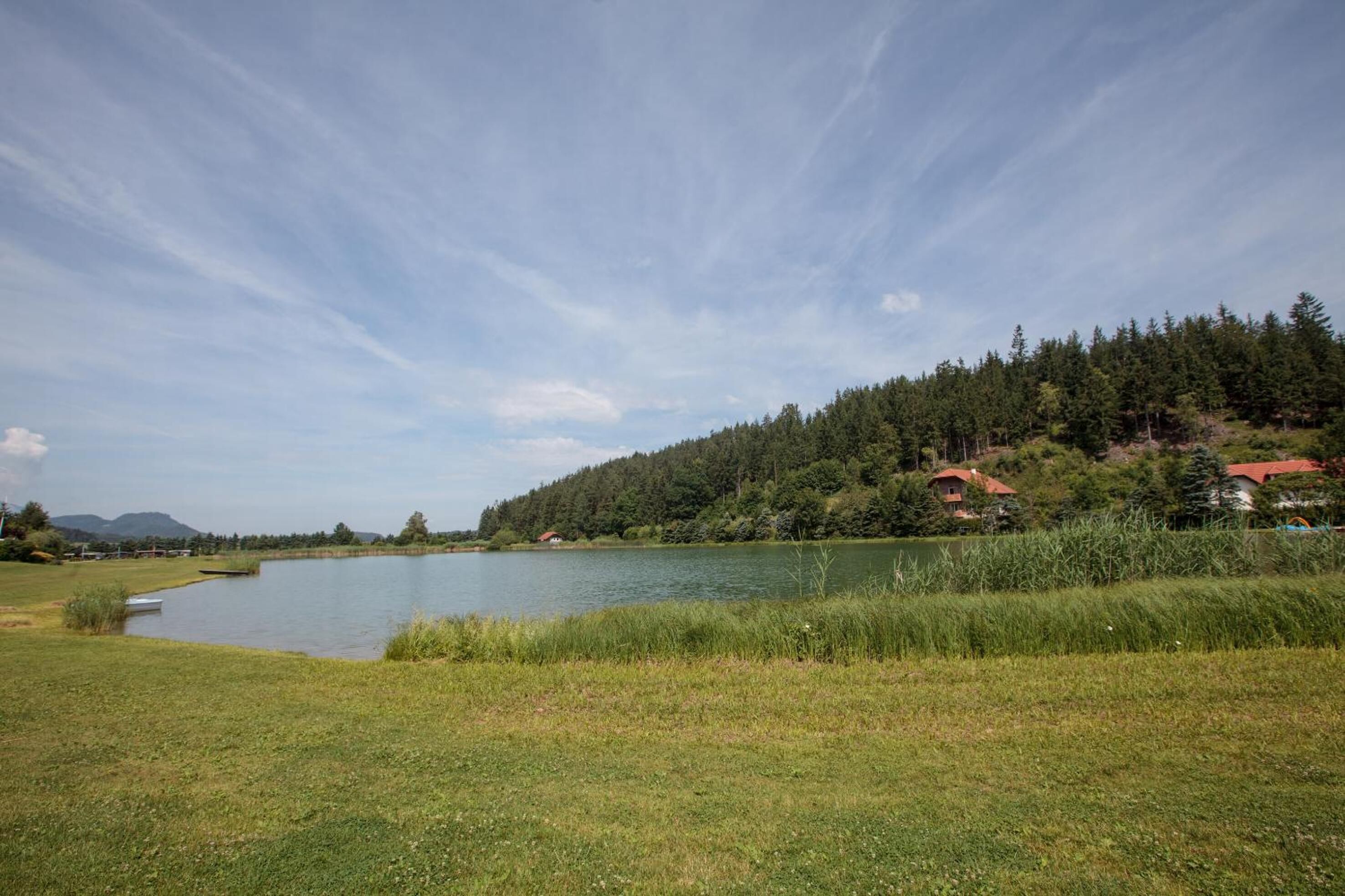Un lago circondato da aree verdi e da una collina boscosa con delle case.