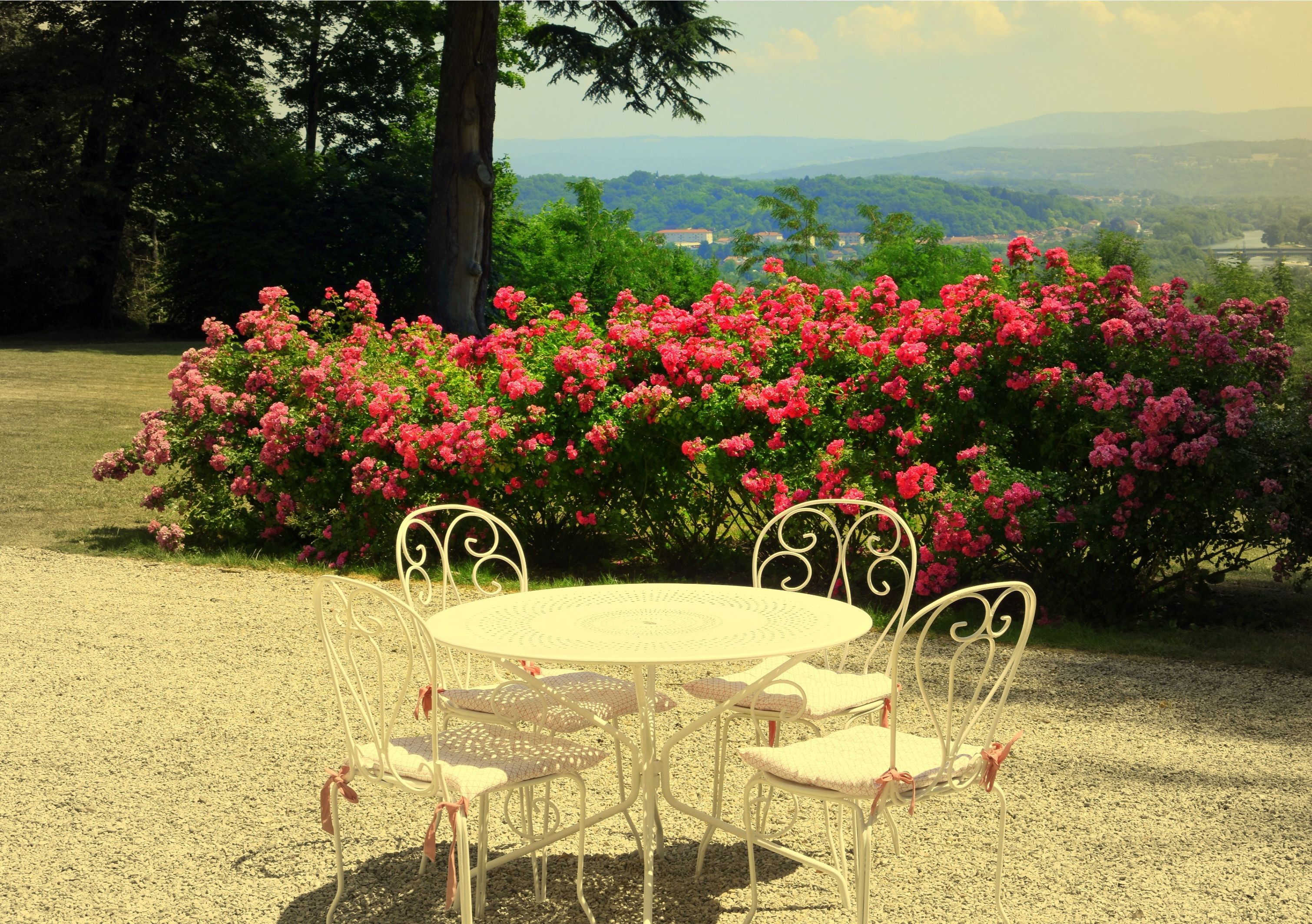 A round table with four chairs in a garden setting.