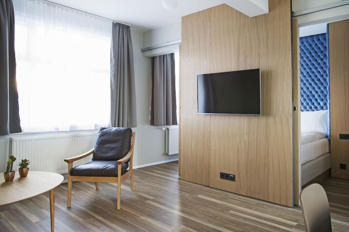 Een moderne hotelkamer met een houten scheidingswand, een flatscreen televisie, een bed met blauwe hoofdbord, een houten stoel, een klein tafeltje met planten en een raam met gordijnen.