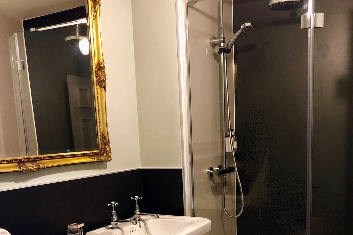 A bathroom with a white toilet, a sink, a shower with a glass door, and a mirror with an ornate frame.
