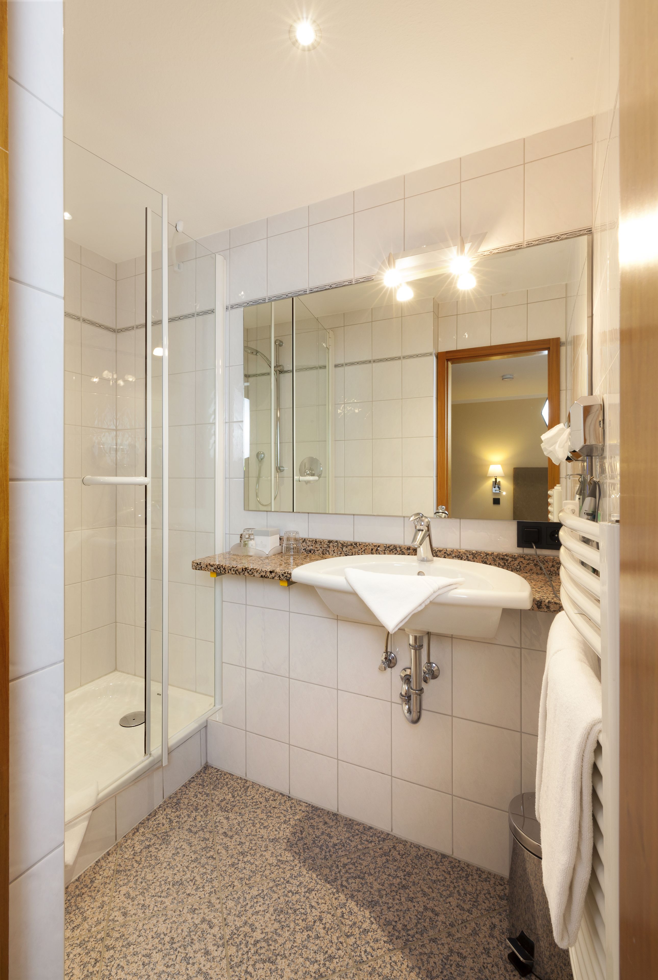 economy double room | bathroom | shower, hair dryer, bathrobes, towels