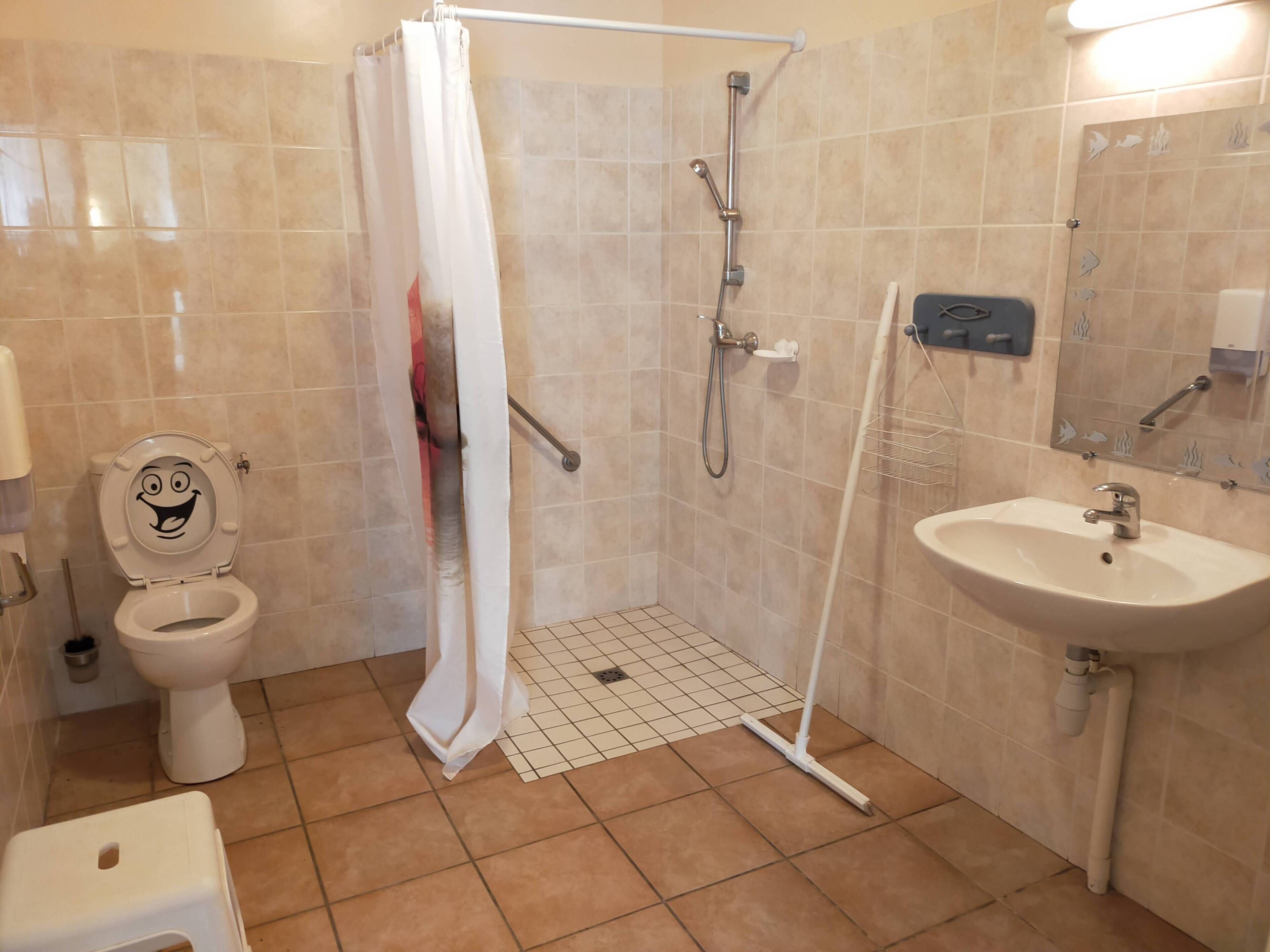 Une salle de bain avec des toilettes, une douche et un lavabo.