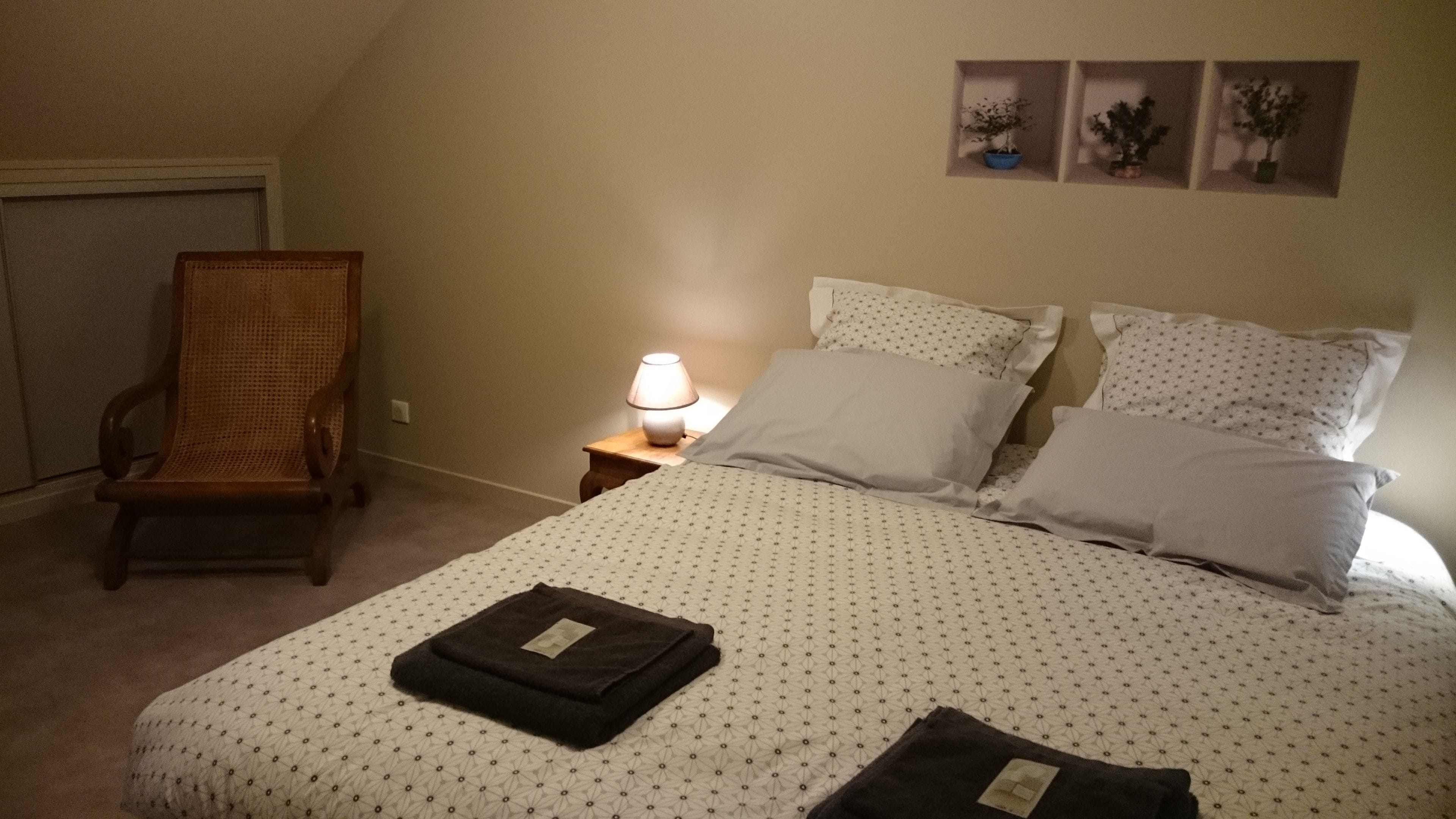Un dormitorio con cama, almohadas, una mesita de noche con lámpara, una silla y una puerta.