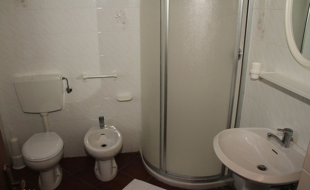 A bathroom with a toilet, bidet, and a shower stall.