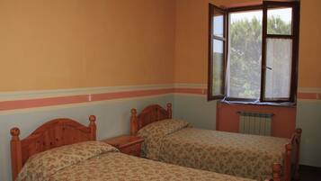 A bedroom with two wooden beds, a window with a view of trees, and a radiator on the wall.