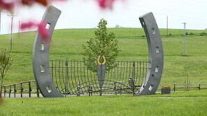 Una escultura de metal con herraduras y una valla en un campo cubierto de hierba.
