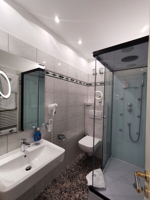 A modern bathroom with a glass-enclosed shower, a white sink, and a toilet. - Hotel Westhoff (Schloss Holte-Stukenbrock)