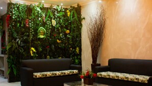 Ein modernes Wohnzimmer mit zwei schwarzen Sofas, einem Glastisch und einer grünen Wand mit Pflanzen.
