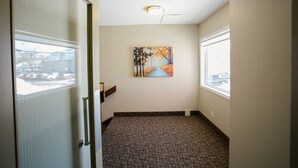 A hotel room with a carpeted floor, a painting on the wall, and a window with a view of a parking lot. - The Sleepy Owl (Fort Frances)