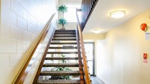 A staircase with a wooden handrail and carpeted steps leading to an upper floor. - The Sleepy Owl (Fort Frances)