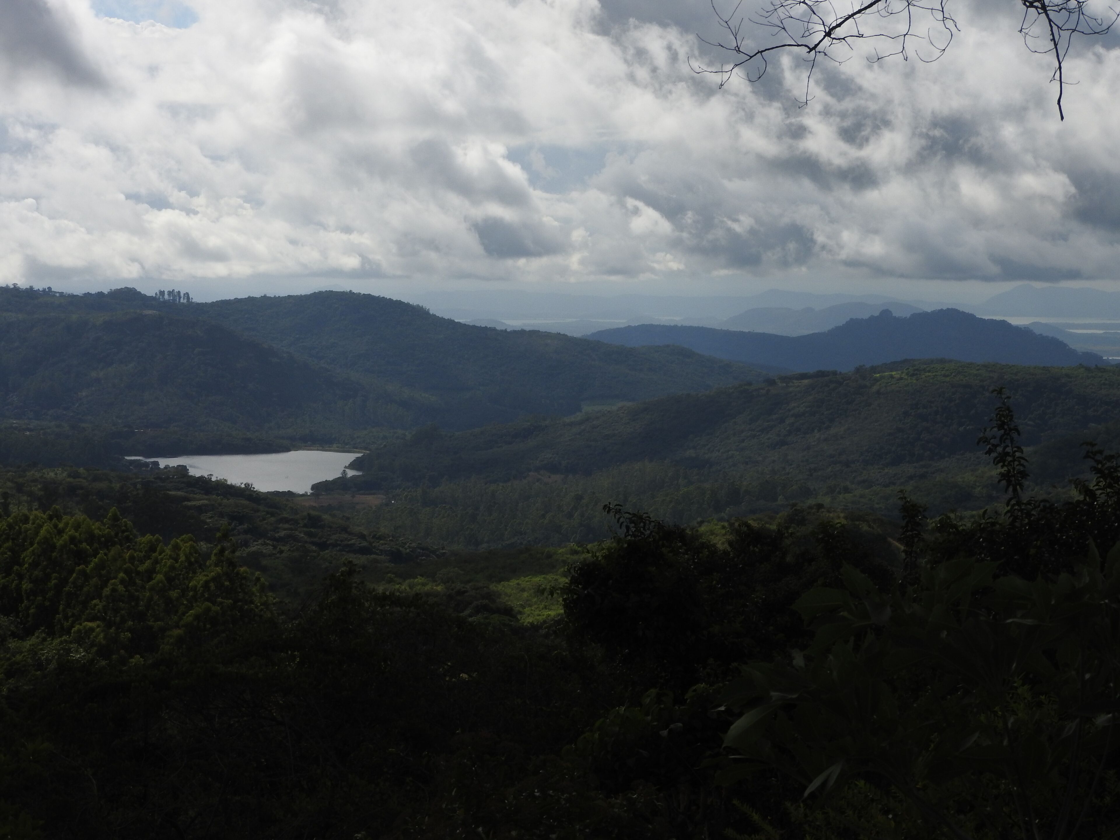A mountainous landscape with a lake and dense forest.