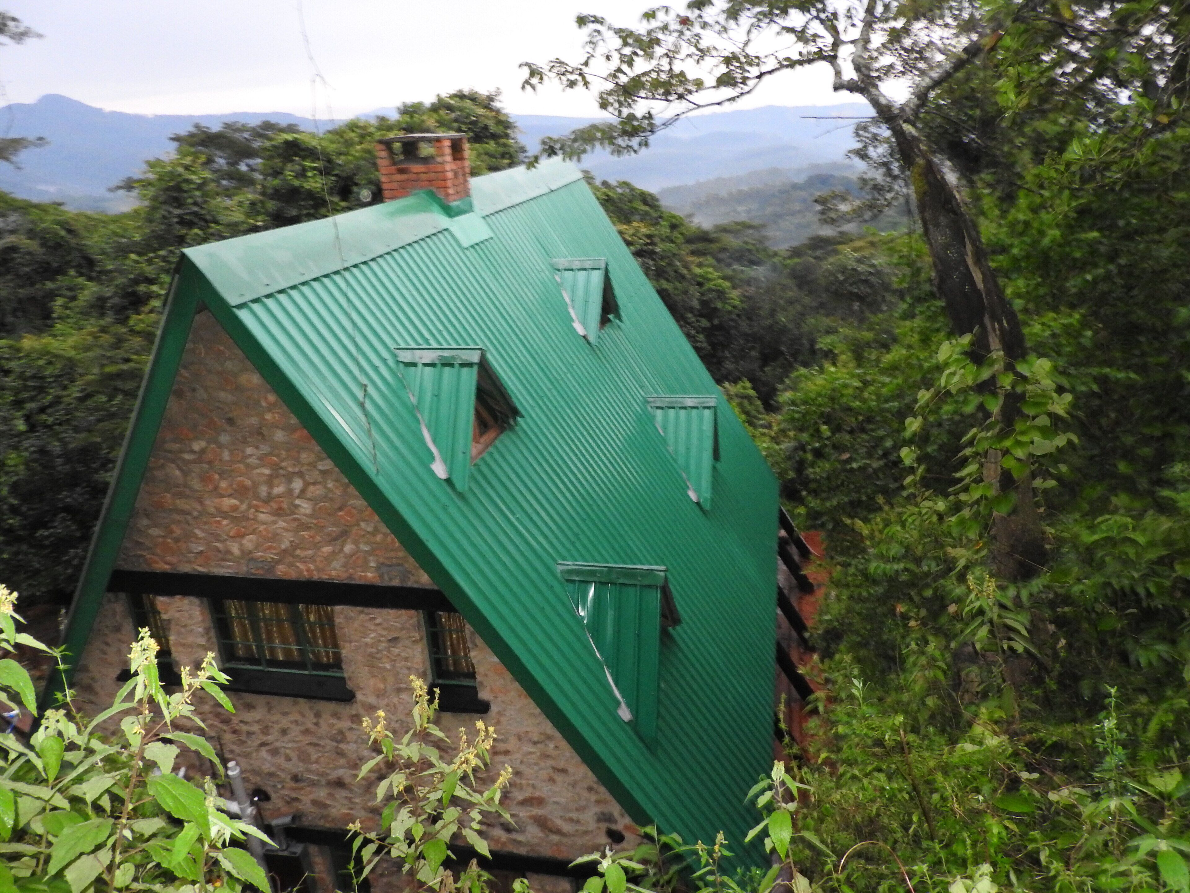 A stone building with a green metal roof and multiple windows.