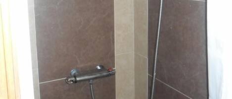 A shower area with a handheld showerhead and a wall-mounted faucet.