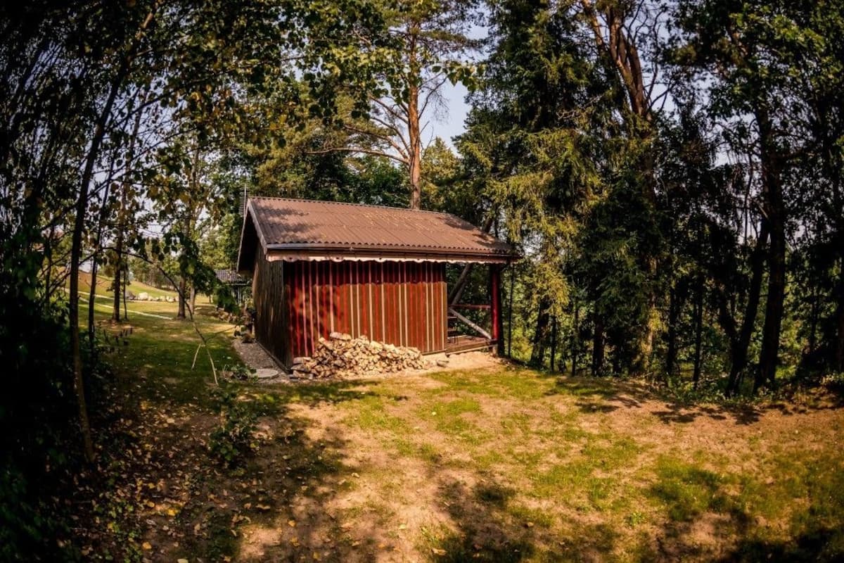 Una cabaña de madera rústica rodeada de árboles.