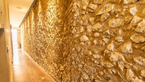 Un couloir doté d’un plancher en bois et d’un mur en pierre à la texture particulière.