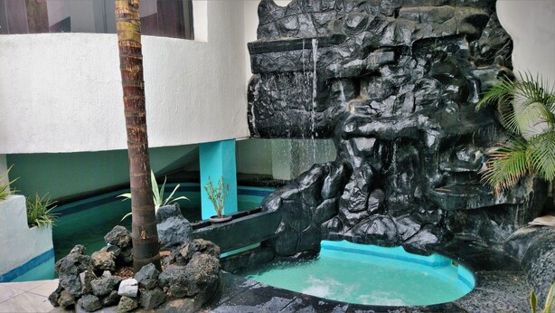 A rock waterfall feature with a pool at its base, surrounded by rocks and plants.