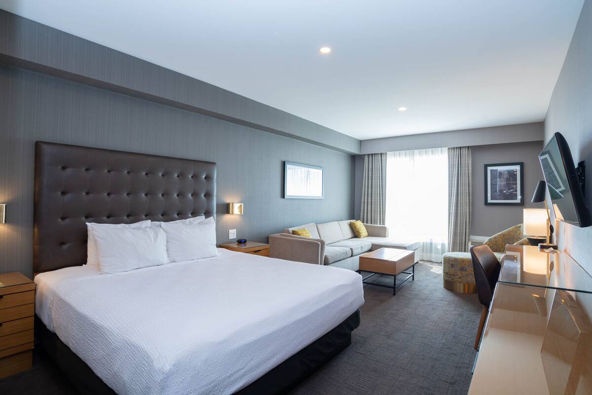 Una habitación de hotel con una cama grande, un sofá, un escritorio y un televisor.