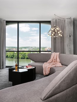 Hotel room view looking out at The LINE Austin